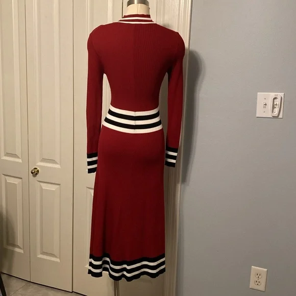 Maje Burgundy Striped Zip Midi Knit Dress Medium - Picture 7 of 10